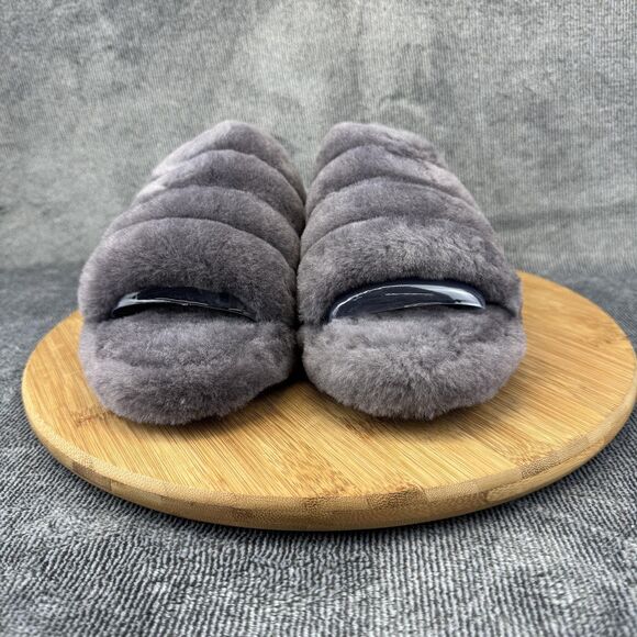 UGG Fluff Yeah Slide Shoes Youth Size 5 Gray Fuzzy Slingback Slippers 1116492K - Picture 2 of 9